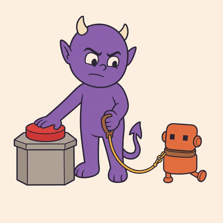 Huff presses a big red Stop button with a set jaw while his little orange robot freezes in mid-step.